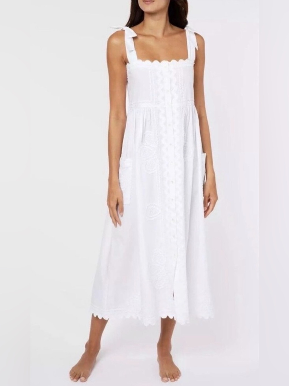 Juliet Dunn NWT White Poplin Tie Shoulder Dress with Ric Rac Detail Sz 1 US 4/6